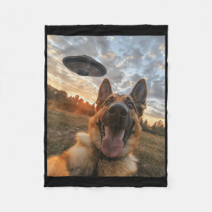 German Shepherd Dog Selfie With Ufos Aliens Funny  Fleece Blanket