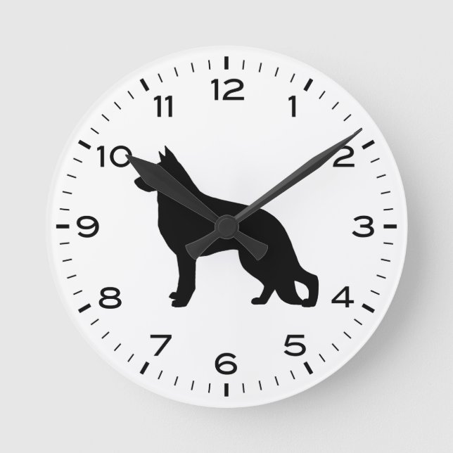 German Shepherd Dog Silhouette Round Clock (Front)