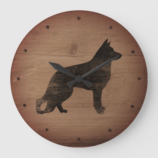 German Shepherd Dog Silhouette Rustic Style GSD Large Clock (Front)