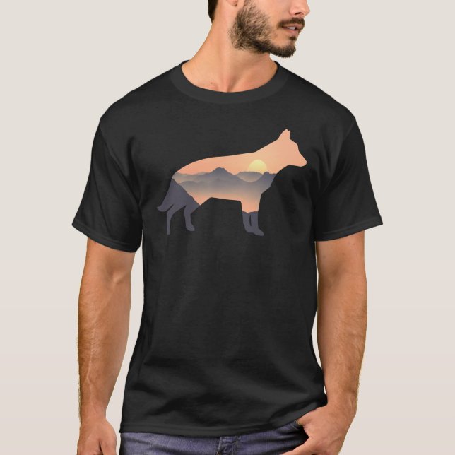 German Shepherd Dog Silhouette Sun Mountain German T-Shirt (Front)