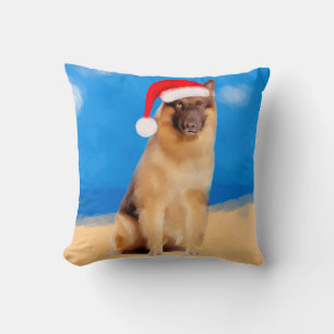 German Shepherd Dog Sitting On Beach Santa Hat Cushion