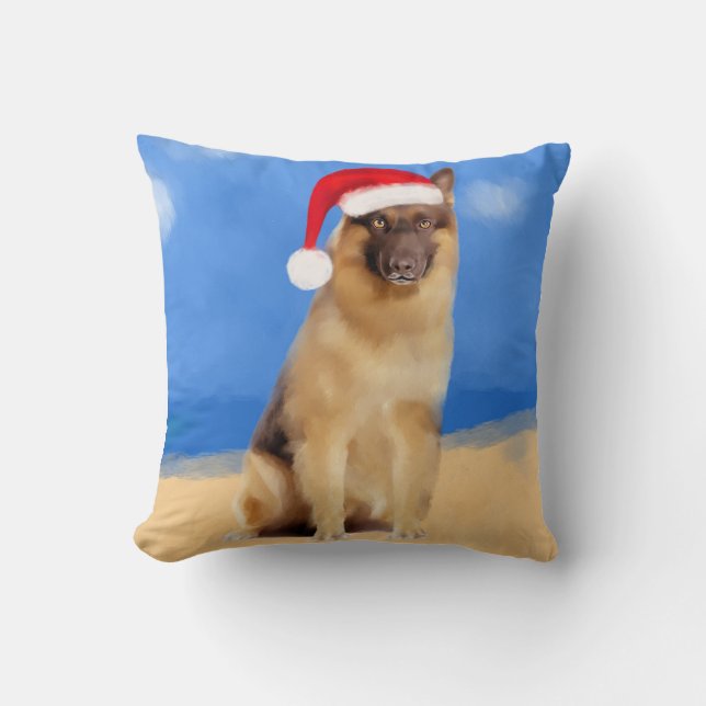 German Shepherd Dog Sitting On Beach Santa Hat Cushion (Front)