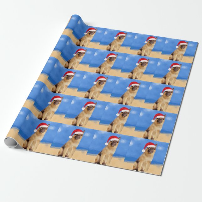 German Shepherd Dog Sitting On Beach Santa Hat Wrapping Paper (Unrolled)