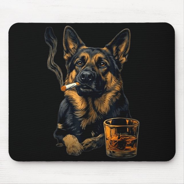 German Shepherd Dog Smoking Cigarette Whisky Lover Mouse Pad (Front)