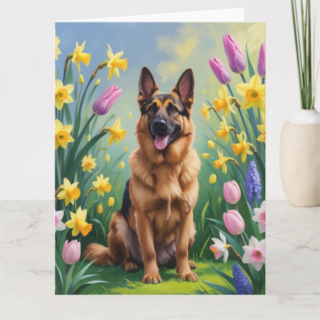 German Shepherd Dog Spring Flowers Painting  Card (Front)