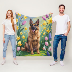 German Shepherd Dog Spring Flowers Painting  Fleece Blanket