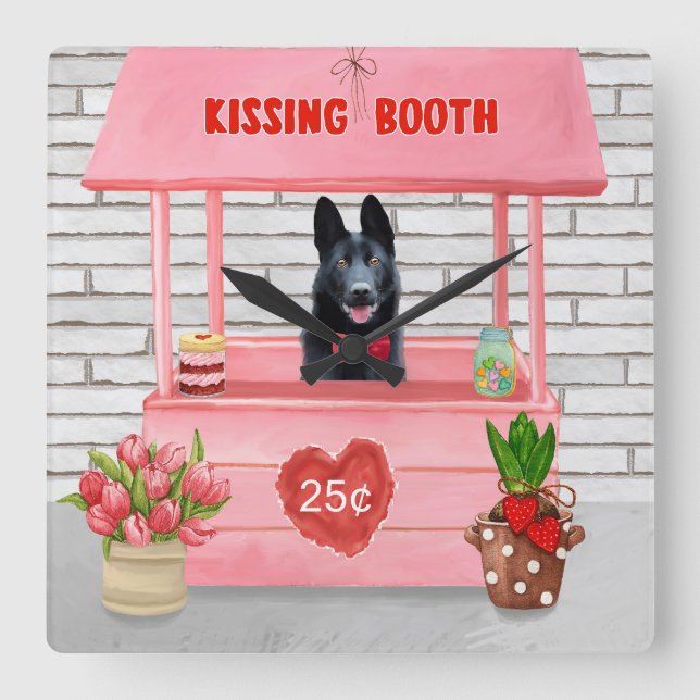 German Shepherd Dog Valentine's Day Kissing Booth Square Wall Clock (Front)