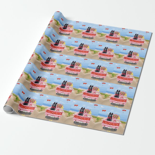German Shepherd Dog Valentine's Day Truck Hearts Wrapping Paper (Unrolled)