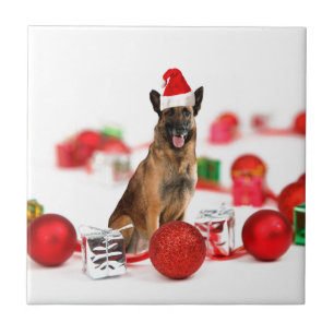 German Shepherd dog w Christmas Gifts Santa Hat Ceramic Tile