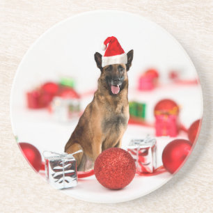 German Shepherd dog w Christmas Gifts Santa Hat Coaster