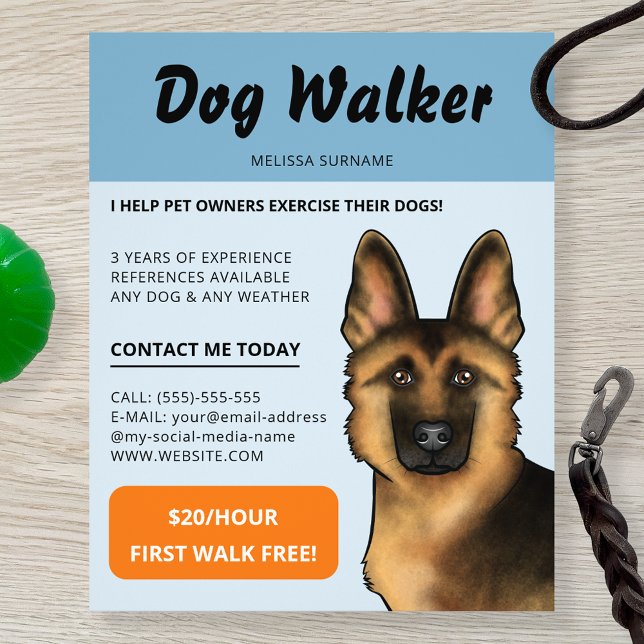 German Shepherd Dog Walker Dog Walking Pet Service Flyer (Creator Uploaded)