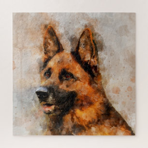 German Shepherd Dog Watercolor Portrait 04 Jigsaw Puzzle