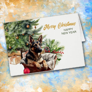 German Shepherd Dog Wicker Basket Christmas Card