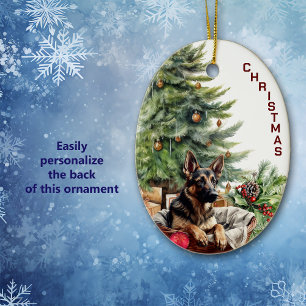 German Shepherd Dog Wicker Basket Christmas Ceramic Ornament
