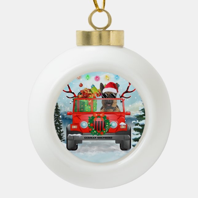 German Shepherd dog with Christmas gifts Ceramic Ball Christmas Ornament (Front)