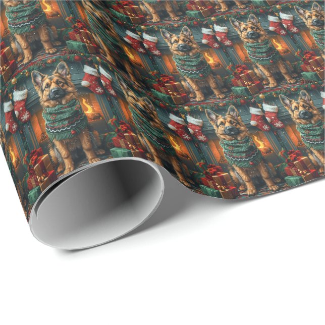 German Shepherd Dog With Christmas Gifts Fireplace Wrapping Paper (Roll Corner)