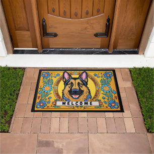German Shepherd Dog With Flowers Welcome Doormat