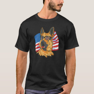 German Shepherd Dog with Glasses and American Flag T-Shirt