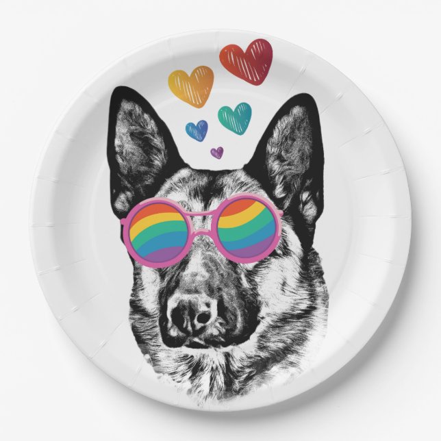 German Shepherd Dog with Hearts Valentine's Day  Paper Plate (Front)