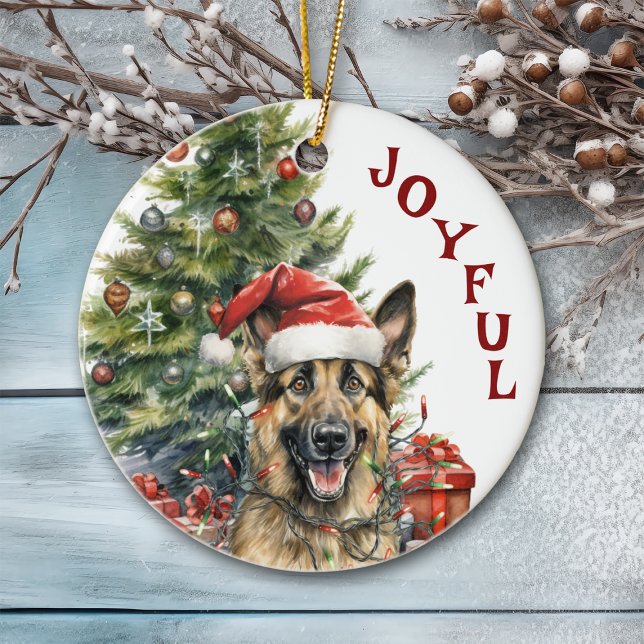 German Shepherd Dog Wrapped in Christmas Lights Ceramic Ornament (Creator Uploaded)