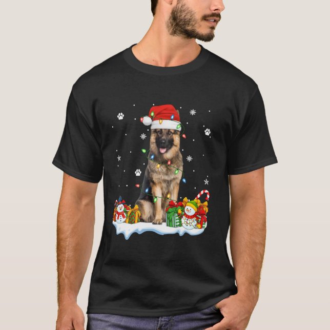 German Shepherd Dog Xmas Lights Santa Hat Dog Chri T-Shirt (Front)