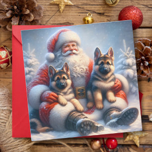 German Shepherd Dogs and Santa Claus Festive Holiday Card