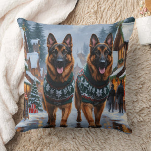 German Shepherd Dogs Christmas Snow Holiday Cushion