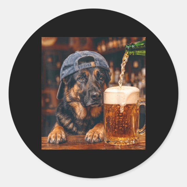 German Shepherd Drinking Beer Funny Dog Meme Classic Round Sticker (Front)