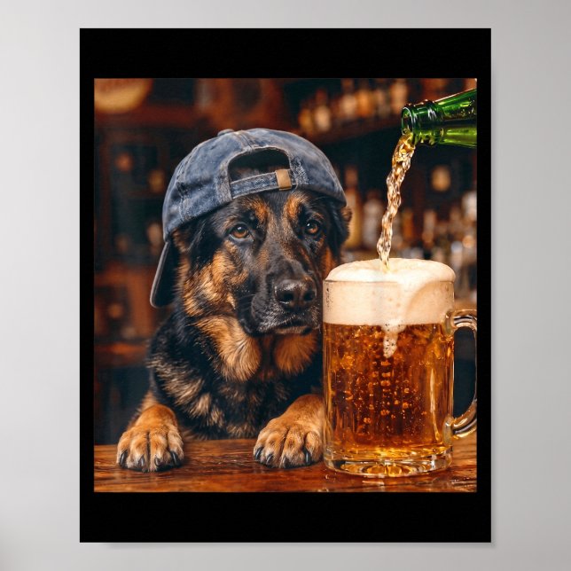 German Shepherd Drinking Beer Funny Dog Meme Poster (Front)