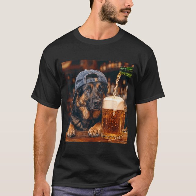 German Shepherd Drinking Beer Funny Dog Meme T-Shirt (Front)
