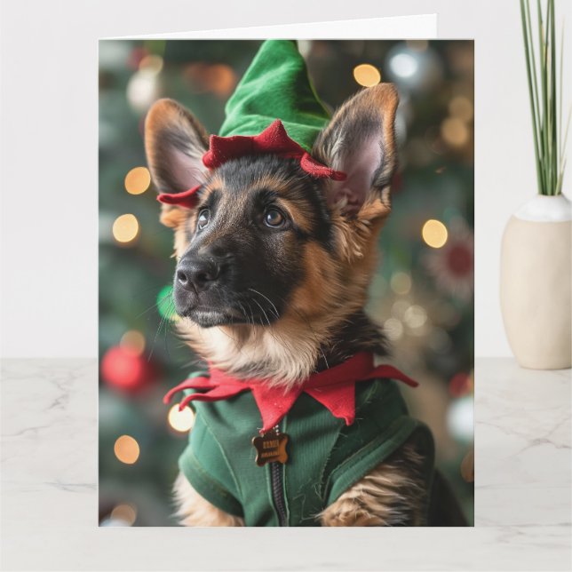 German Shepherd Elf Puppy Christmas Card  (Front)