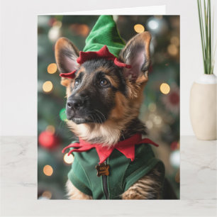 German Shepherd Elf Puppy Christmas Card 
