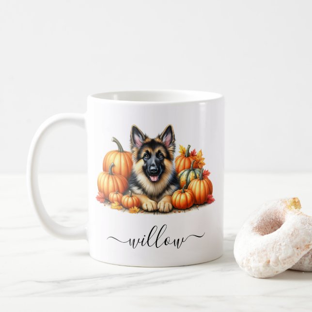 German Shepherd Fall Mug with Personalised Name (With Donut)