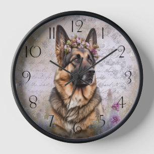 German Shepherd Floral Dog Clock