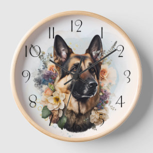 German Shepherd Floral Dog Clock