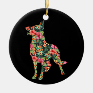 German Shepherd Flower Funny Dog Silhouette Floral Ceramic Ornament
