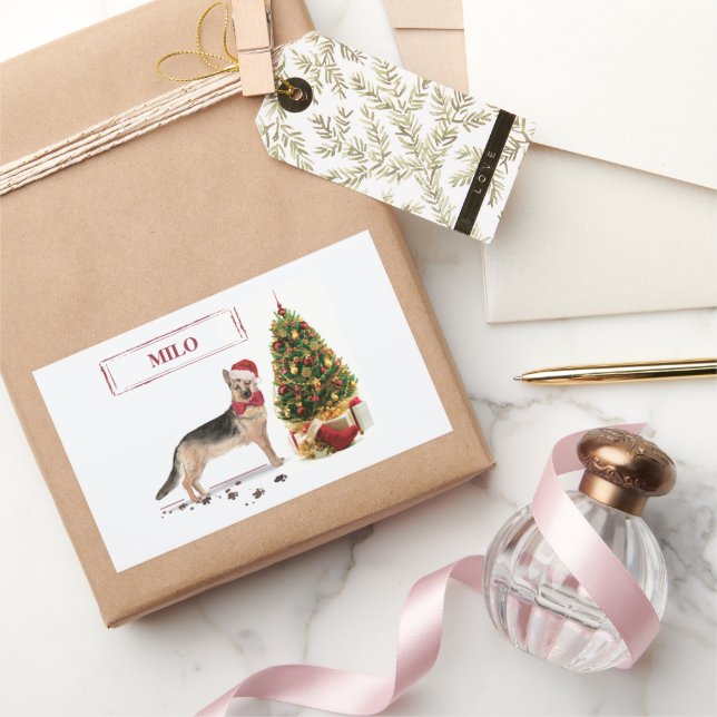 German Shepherd Funny Christmas Dog with Tree Rectangular Sticker (Gifting)