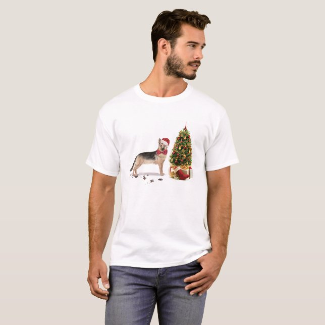 German Shepherd Funny Christmas Dog with Tree T-Shirt (Front Full)