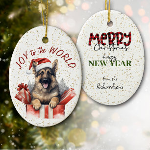 German Shepherd Gift Box Joy to the World Holiday Ceramic Ornament