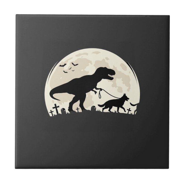 German Shepherd Halloween Dinosaur Moon Silhouette Ceramic Tile (Front)