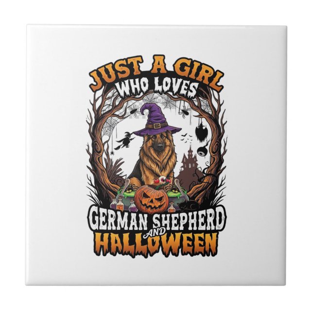 German Shepherd Halloween Dog Witch Hat Pumpkin_1 Ceramic Tile (Front)