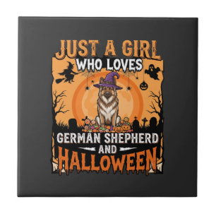 German Shepherd Halloween Girl Witch Dog Design Ceramic Tile