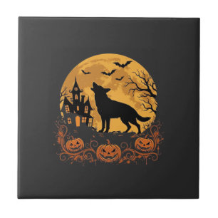 German Shepherd Halloween Moon Pumpkin Design_1 Ceramic Tile