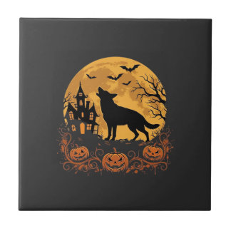 German Shepherd Halloween Moon Pumpkin Design_1 Ceramic Tile