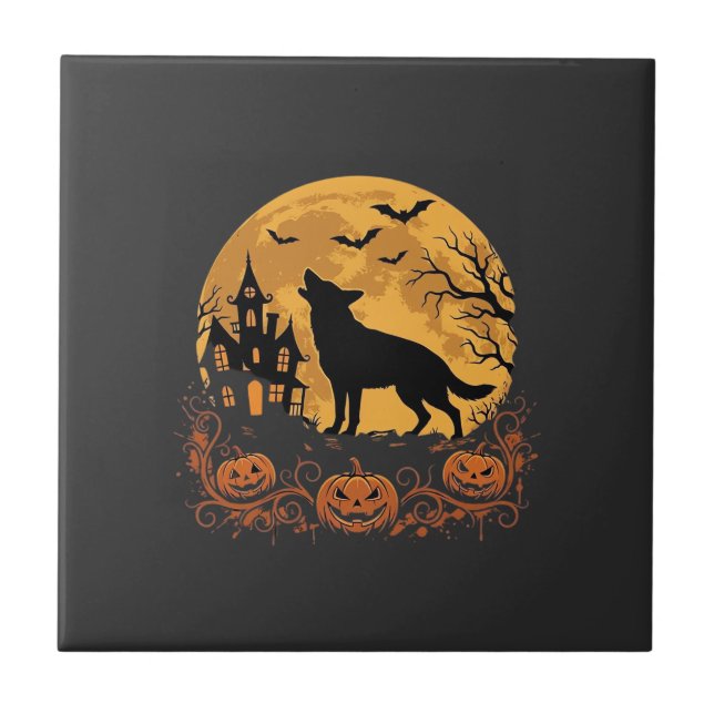 German Shepherd Halloween Moon Pumpkin Design_1 Ceramic Tile (Front)
