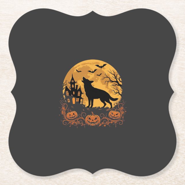 German Shepherd Halloween Moon Pumpkin Design_1 Paper Coaster (Front)