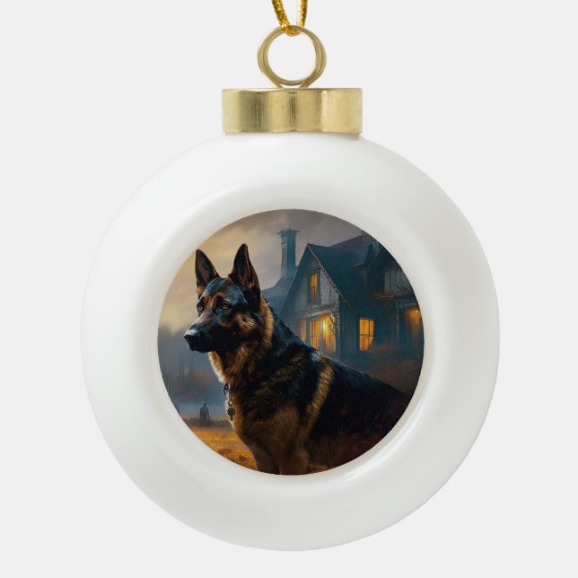 German Shepherd Halloween Scary Ceramic Ball Christmas Ornament (Front)