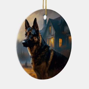 German Shepherd Halloween Scary Ceramic Ornament