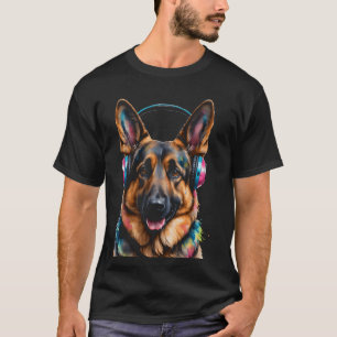German Shepherd Headphones GSD Dog Funny Art Print T-Shirt