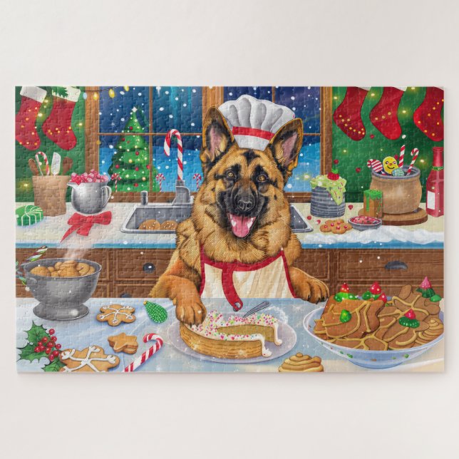 German Shepherd Holiday Baking: Festive Christmas Jigsaw Puzzle (Horizontal)